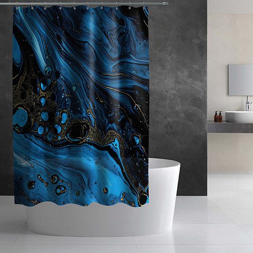 Шторка для ванной Черные и синие сияющие волны / 3D-принт – фото 2