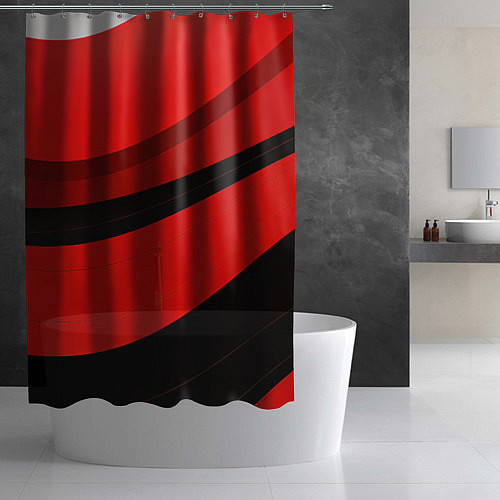 Шторка для ванной Объемные волны абстракции и геометрии черно-красны / 3D-принт – фото 2