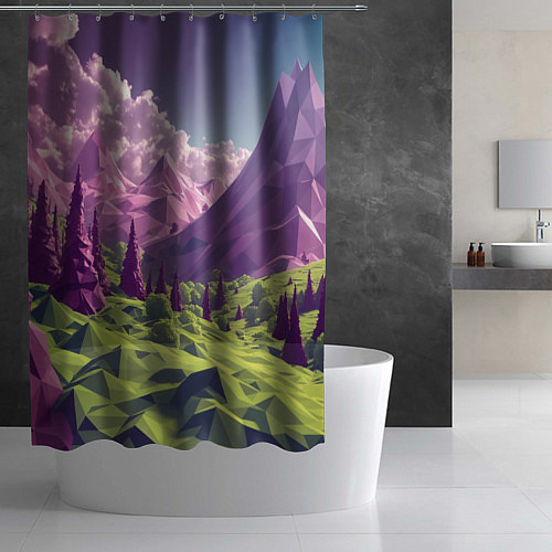 Шторка для ванной Геометрический зеленый пейзаж и фиолетовые горы / 3D-принт – фото 2