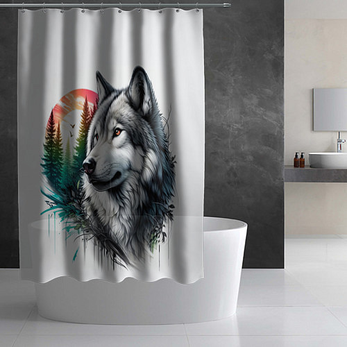 Шторка для ванной Портрет волка на фоне природы / 3D-принт – фото 2