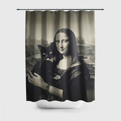 Шторка для душа Мона Лиза держит кота в черно белом цвете, цвет: 3D-принт