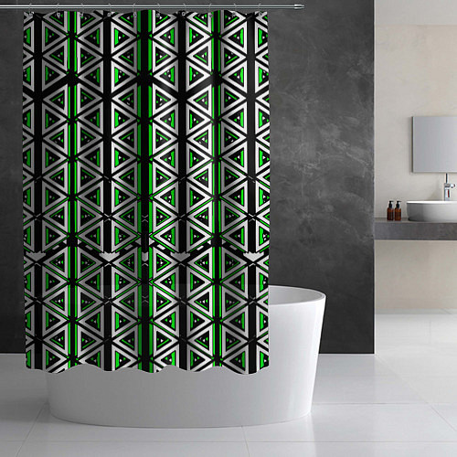 Шторка для ванной Бело-зелёные треугольники на чёрном фоне / 3D-принт – фото 2