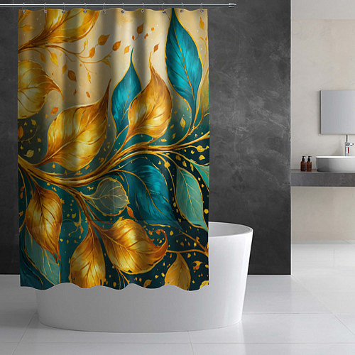 Шторка для ванной Листья абстрактные золото и бирюза / 3D-принт – фото 2