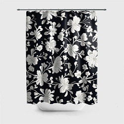 Шторка для душа Патерн белых цветов на черном фоне, цвет: 3D-принт