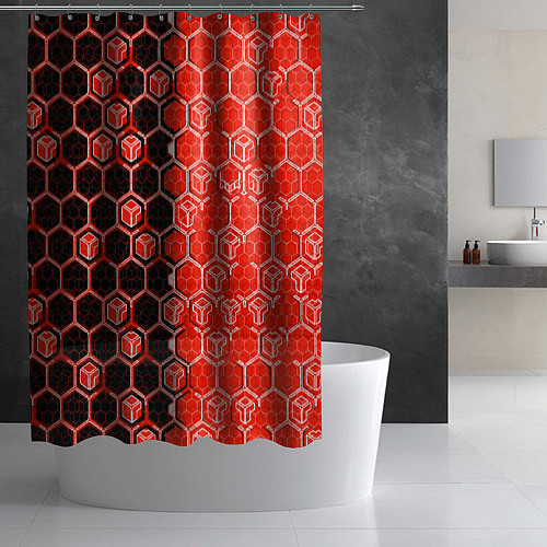 Шторка для ванной Техно-киберпанк шестиугольники красный и чёрный / 3D-принт – фото 2