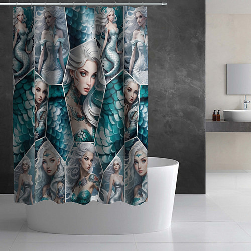 Шторка для ванной Русалки блондинки на паттерне / 3D-принт – фото 2