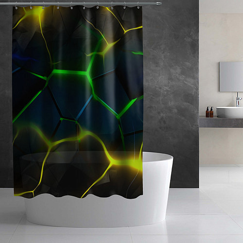 Шторка для ванной Неоновые яркие зеленые плиты с желтым светом / 3D-принт – фото 2