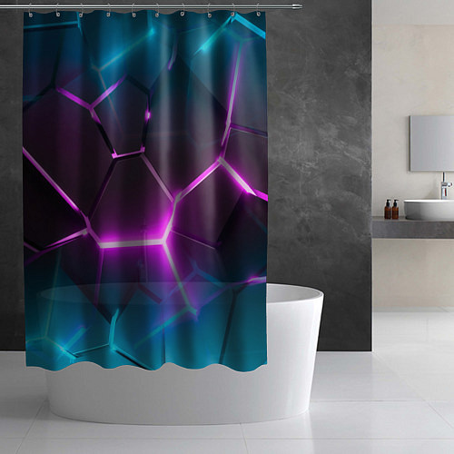 Шторка для ванной Голубые и розовые неоновые плиты в разломе / 3D-принт – фото 2