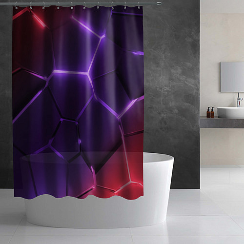 Шторка для ванной Красно-фиолетовые неоновые плиты в разломе / 3D-принт – фото 2