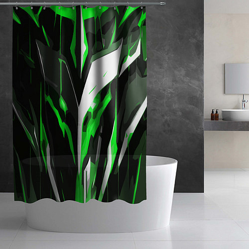 Шторка для ванной Зелёно-белая абстракция и чёрный фон / 3D-принт – фото 2