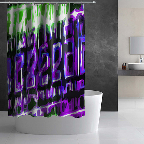 Шторка для ванной Фиолетово-зелёная абстракция на чёрном фоне / 3D-принт – фото 2