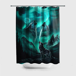 Шторка для душа Волки воют на луну и северное сияние, цвет: 3D-принт