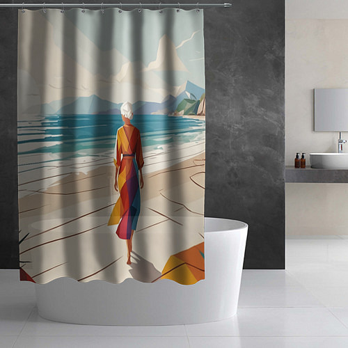 Шторка для ванной Летний пейзаж с женщиной на пляже / 3D-принт – фото 2