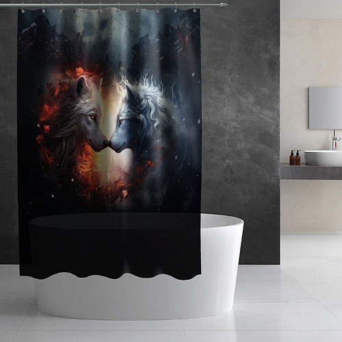 Шторка для ванной Влюбленные волки огонь и лед / 3D-принт – фото 2
