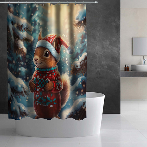 Шторка для ванной Новогодняя белочка в лесу / 3D-принт – фото 2
