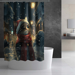 Шторка для душа Котик на новогодней улице, цвет: 3D-принт — фото 2