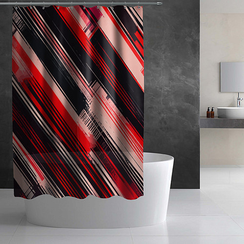 Шторка для ванной Красные диагональные полосы на чёрном фоне / 3D-принт – фото 2