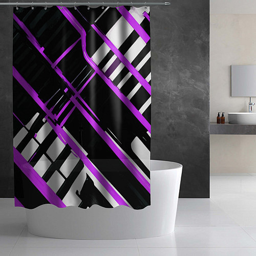 Шторка для ванной Фиолетово-белые линии на чёрном фоне / 3D-принт – фото 2