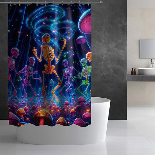 Шторка для ванной Танец неоновых скелетов под грибами / 3D-принт – фото 2