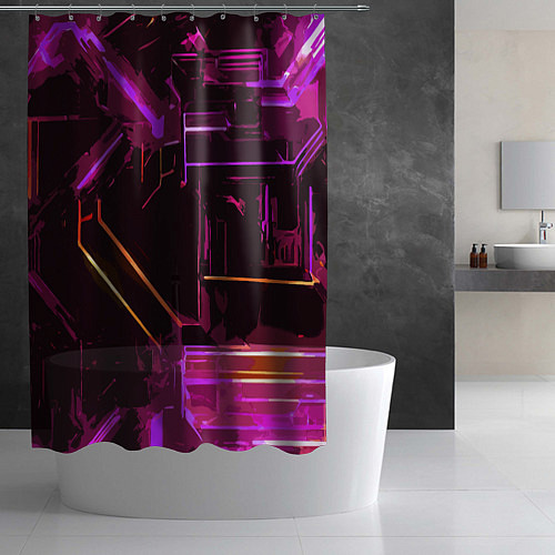 Шторка для ванной Жёлто-розовые полосы на чёрном фоне / 3D-принт – фото 2