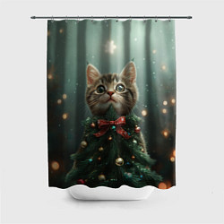 Шторка для душа Котик - новогодняя елочка, цвет: 3D-принт