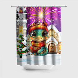 Шторка для душа Новогодняя змейка на фоне салюта, цвет: 3D-принт