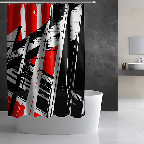 Шторка для ванной Чёрно-белые абстрактные линии на красном фоне / 3D-принт – фото 2