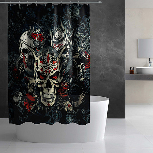 Шторка для ванной Маска Хання на черепе самурая на фоне духов / 3D-принт – фото 2