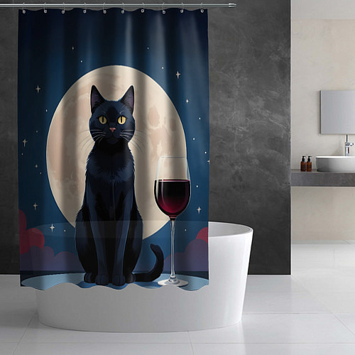 Шторка для ванной Кот с вином под луной / 3D-принт – фото 2