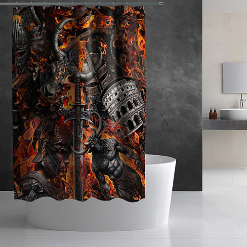 Шторка для ванной Гладиатор и минотавр на фоне огня мечей и щитов / 3D-принт – фото 2