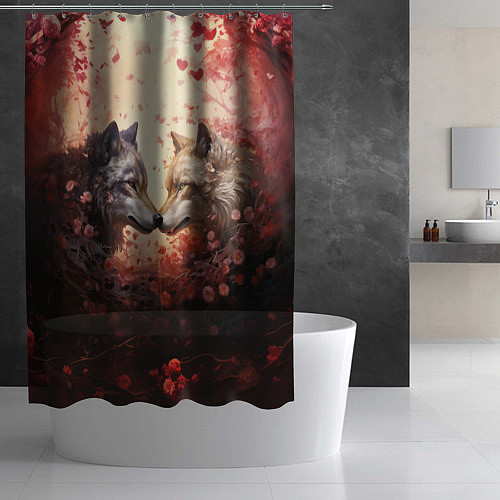 Шторка для ванной Волк и волчица в бутонах цветов / 3D-принт – фото 2