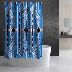 Шторка для душа Бело-синие техно полосы на чёрном фоне, цвет: 3D-принт — фото 2