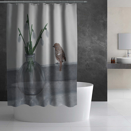 Шторка для ванной Подснежники и птичка / 3D-принт – фото 2