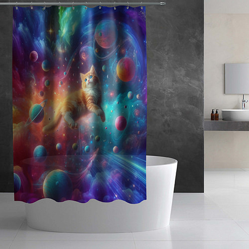 Шторка для ванной Рыжий космический котёнок - неоновое свечение / 3D-принт – фото 2