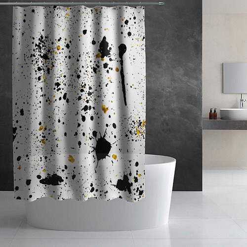 Шторка для ванной Черные и золотистые пятна краски на белом фоне / 3D-принт – фото 2