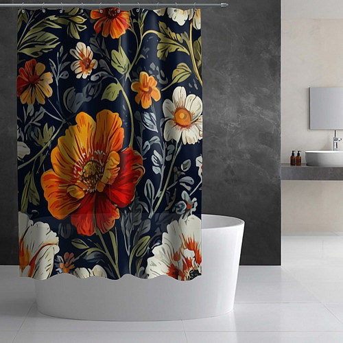 Шторка для ванной Маки и пионы старинный паттерн / 3D-принт – фото 2