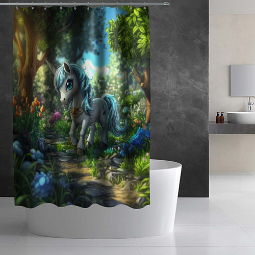 Шторка для ванной Единорожка в дневном лесу / 3D-принт – фото 2