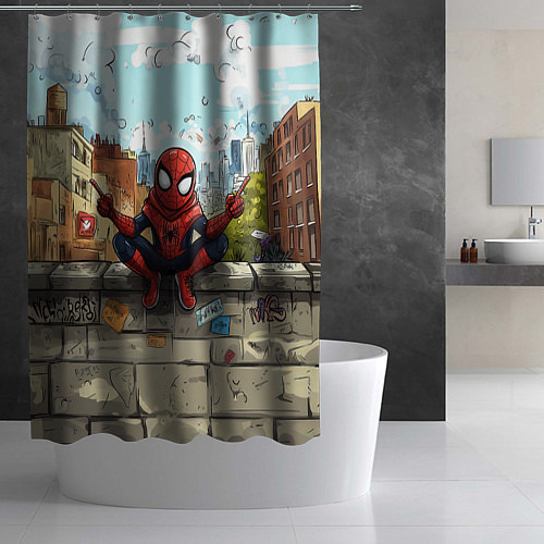 Шторка для ванной Маленький человек-паук в городе / 3D-принт – фото 2