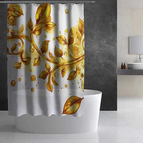 Шторка для ванной Золотые листья на белом / 3D-принт – фото 2