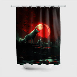 Шторка для душа Белый волк на фоне красной луны, цвет: 3D-принт