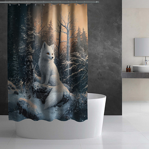 Шторка для ванной Белый лисенок в зимнем лесу / 3D-принт – фото 2