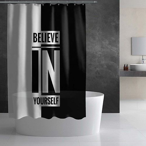 Шторка для ванной Верь в себя надпись черно белая / 3D-принт – фото 2