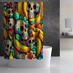 Шторка для душа Паттерн из черепов и бананов - нейроарт, цвет: 3D-принт — фото 2