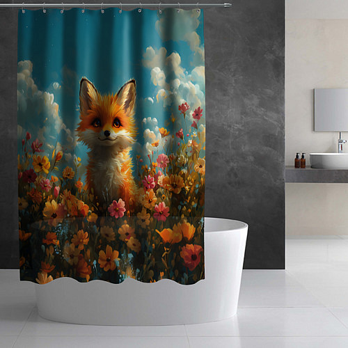 Шторка для ванной Лисица в цветочном поле / 3D-принт – фото 2