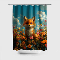 Шторка для душа Лисица в цветочном поле, цвет: 3D-принт