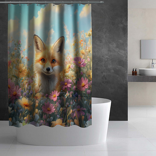 Шторка для ванной Лиса в цветочном поле / 3D-принт – фото 2