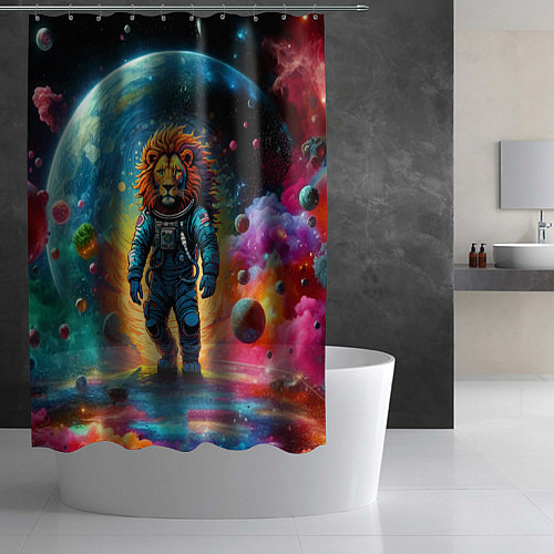 Шторка для ванной Лев бравый космонавт - неоновый космос / 3D-принт – фото 2