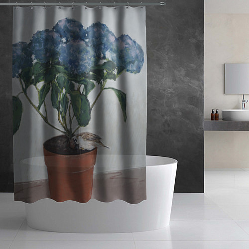 Шторка для ванной Спящий воробушек на гортензии / 3D-принт – фото 2