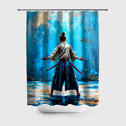 Шторка для душа Боец айкидо на синем, цвет: 3D-принт