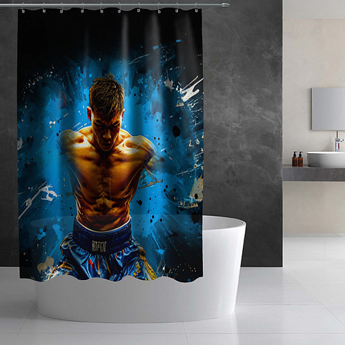 Шторка для ванной Тайский боксер на синем / 3D-принт – фото 2